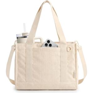 BAGSMART Corduroy Tote Bag for Women Work/Travel, Teacher Nurse Bible Church Hobo | 12L fits 14″ laptop, w/ 40oz cup holder, 5L fits Kindle, w/ cossbody strap, For work, campus, travel, everyday(Cream Beige)