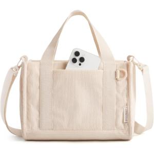 BAGSMART Corduroy Tote Bag for Women Work/Travel, Teacher Nurse Bible Church Hobo | 12L fits 14″ laptop, w/ 40oz cup holder, 5L fits Kindle, w/ cossbody strap, For work, campus, travel, everyday(Beige)