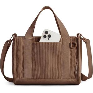 BAGSMART Corduroy Tote Bag for Women Work/Travel, Teacher Nurse Bible Church Hobo | 12L fits 14″ laptop, w/ 40oz cup holder, 5L fits Kindle, w/ cossbody strap, For work, campus, travel, everyday(Dark Brown)