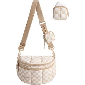 BAGSMART Small Crossbody Bags for Women，Puffer Cute Bum Bag with Pouch, Quilted Purse for Daily Travel College, Camel | 4.6L compact size, small yet spacious, structured bum bag, 2-in-1 set(Checkered)