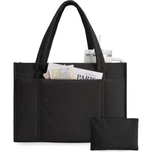 BAGSMART Tote Bag for Women, 2Pc Puffer Tote Bag Set with Zipper, Quilted Large Work Teacher Bag for Travel(Black)