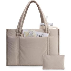 BAGSMART Tote Bag for Women, 2Pc Puffer Tote Bag Set with Zipper, Quilted Large Work Teacher Bag for Travel(Brown)