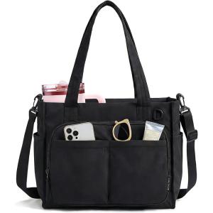 BAGSMART Tote Bag for Women Work, Puffy Travel Tote Handbag Gift for Teacher & Nurse | Medium-13″ laptop, w/ 30oz cup holder, Large-15.6″ laptop, w/ 40oz cup holder, For campus, work, travel, everyday(A-jet Black)