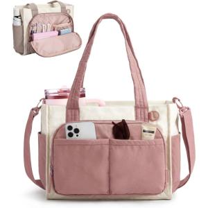 BAGSMART Tote Bag for Women Work, Puffy Travel Tote Handbag Gift for Teacher & Nurse | Medium-13″ laptop, w/ 30oz cup holder, Large-15.6″ laptop, w/ 40oz cup holder, For campus, work, travel, everyday(E-dark Pink)
