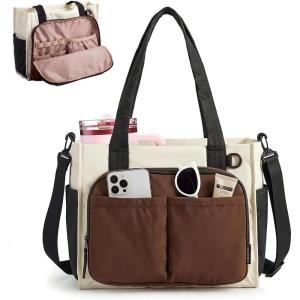 BAGSMART Tote Bag for Women Work, Puffy Travel Tote Handbag Gift for Teacher & Nurse | Medium-13″ laptop, w/ 30oz cup holder, Large-15.6″ laptop, w/ 40oz cup holder, For campus, work, travel, everyday(B-mocha Brown)