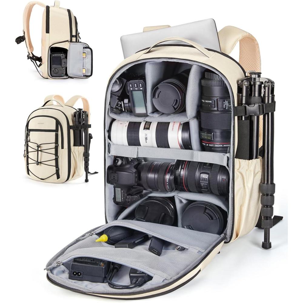 imageBAGSMART Professional Camera Backpack for DSLRs Protective Camera Bag with Tripod Holder Rain Cover amp 17 Laptop Compartment Drone Backpack BeigeBeige