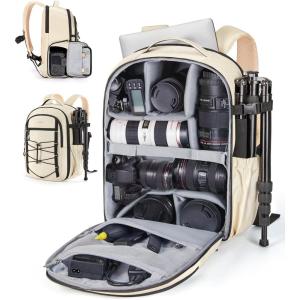 BAGSMART Professional Camera Backpack for DSLRs, Protective Camera Bag with Tripod Holder, Rain Cover & 17″ Laptop Compartment, Drone Backpack, Beige(Beige)