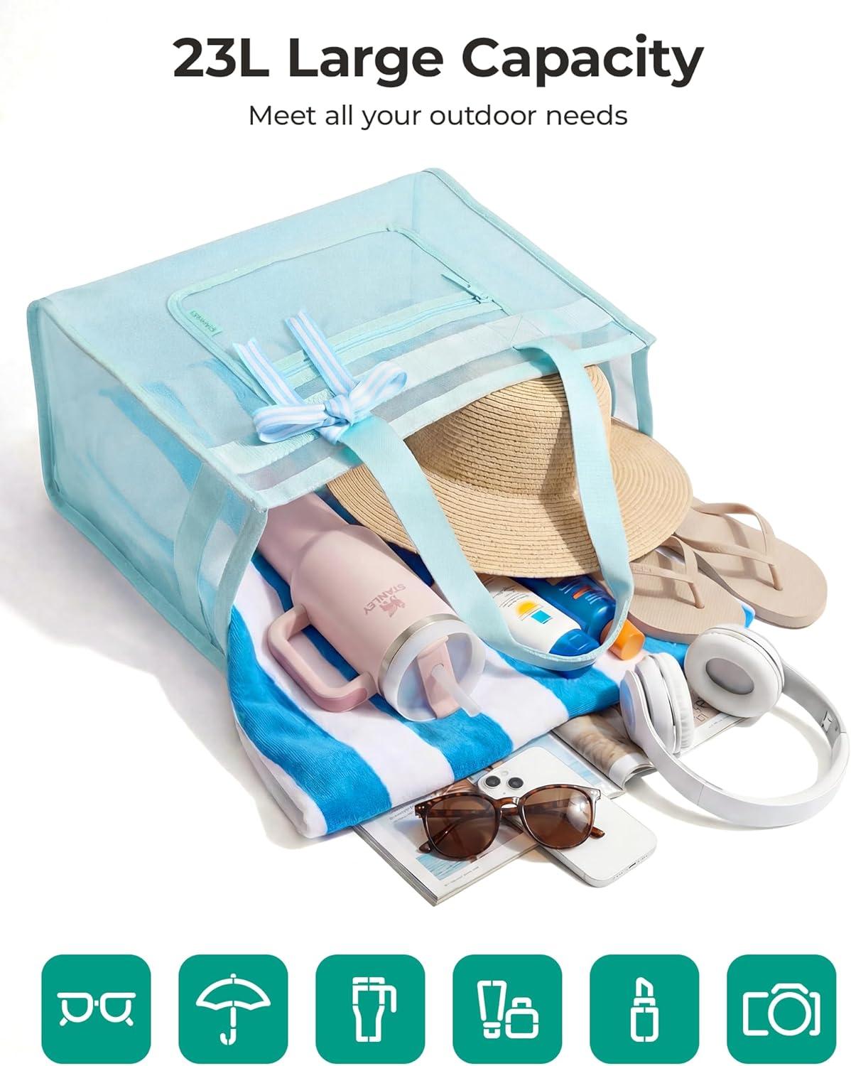 imageBAGSMART Mesh Beach Bag with Zipper Pocket Large Beach Tote Bags for Women for 40 oz Bottle Removable Ribbon Bow Sandproof amp Washable Cruise Essentials for Swim Pool Gym Vacation Travel BagBaby Blue