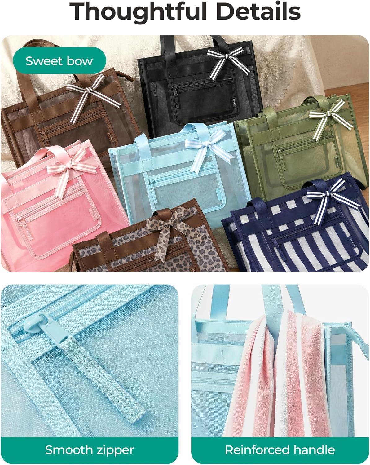 imageBAGSMART Mesh Beach Bag with Zipper Pocket Large Beach Tote Bags for Women for 40 oz Bottle Removable Ribbon Bow Sandproof amp Washable Cruise Essentials for Swim Pool Gym Vacation Travel BagForest Green