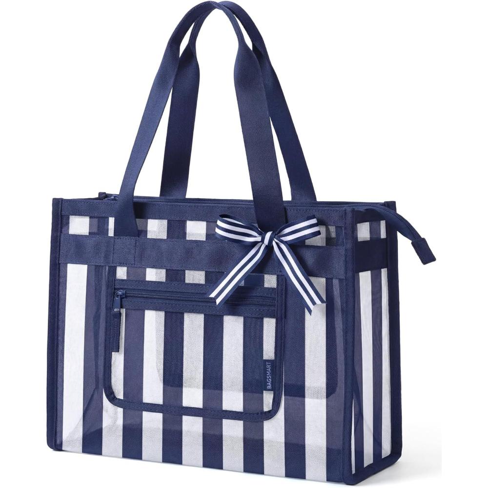 imageBAGSMART Mesh Beach Bag with Zipper Pocket Large Beach Tote Bags for Women  for 40 oz Bottle Removable Ribbon Bow Sandproof amp Washable Cruise Essentials for Swim Pool Gym Vacation Travel BagNavy Blue Stripes