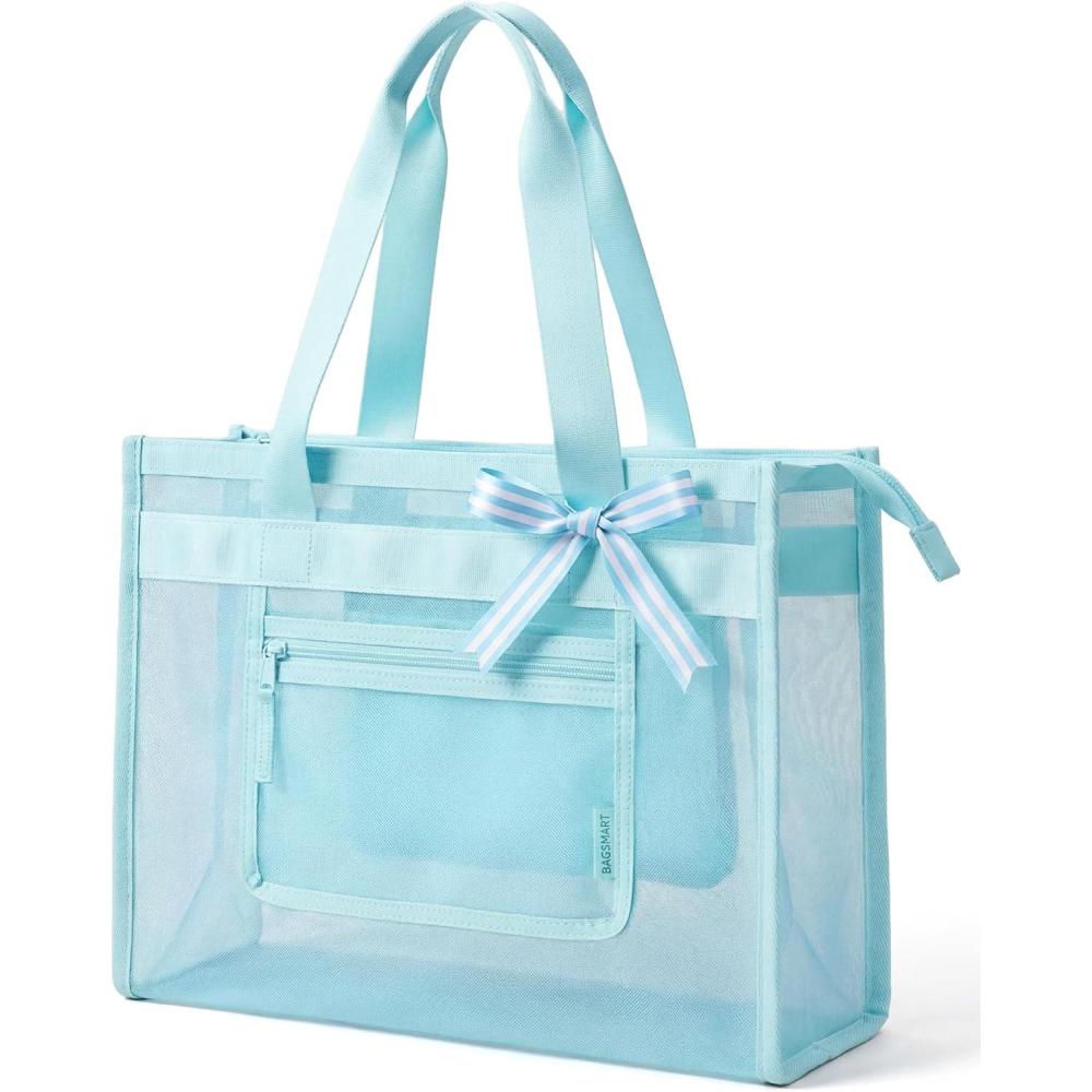 imageBAGSMART Mesh Beach Bag with Zipper Pocket Large Beach Tote Bags for Women for 40 oz Bottle Removable Ribbon Bow Sandproof amp Washable Cruise Essentials for Swim Pool Gym Vacation Travel BagBaby Blue