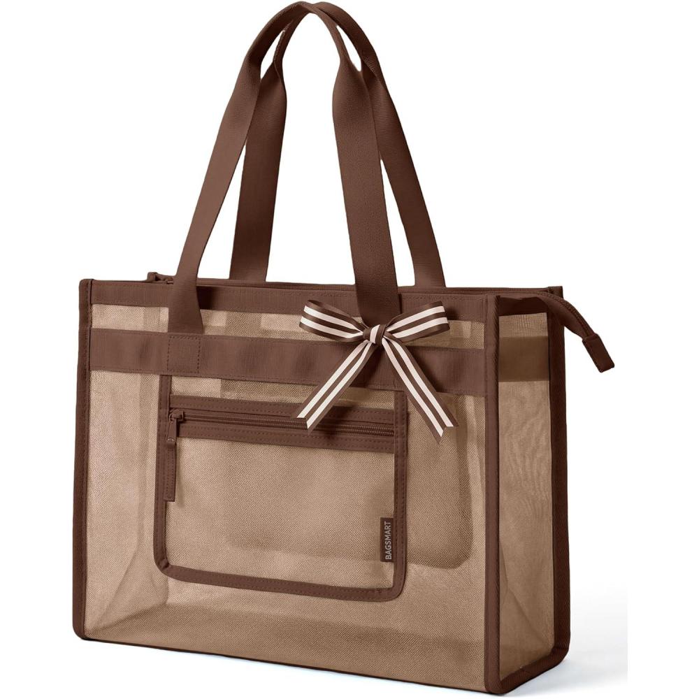 imageBAGSMART Mesh Beach Bag with Zipper Pocket Large Beach Tote Bags for Women  for 40 oz Bottle Removable Ribbon Bow Sandproof amp Washable Cruise Essentials for Swim Pool Gym Vacation Travel BagTan Brown