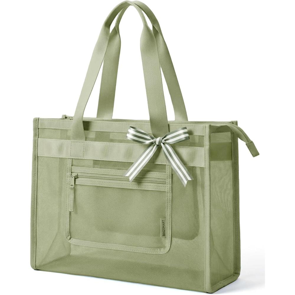 imageBAGSMART Mesh Beach Bag with Zipper Pocket Large Beach Tote Bags for Women for 40 oz Bottle Removable Ribbon Bow Sandproof amp Washable Cruise Essentials for Swim Pool Gym Vacation Travel BagForest Green