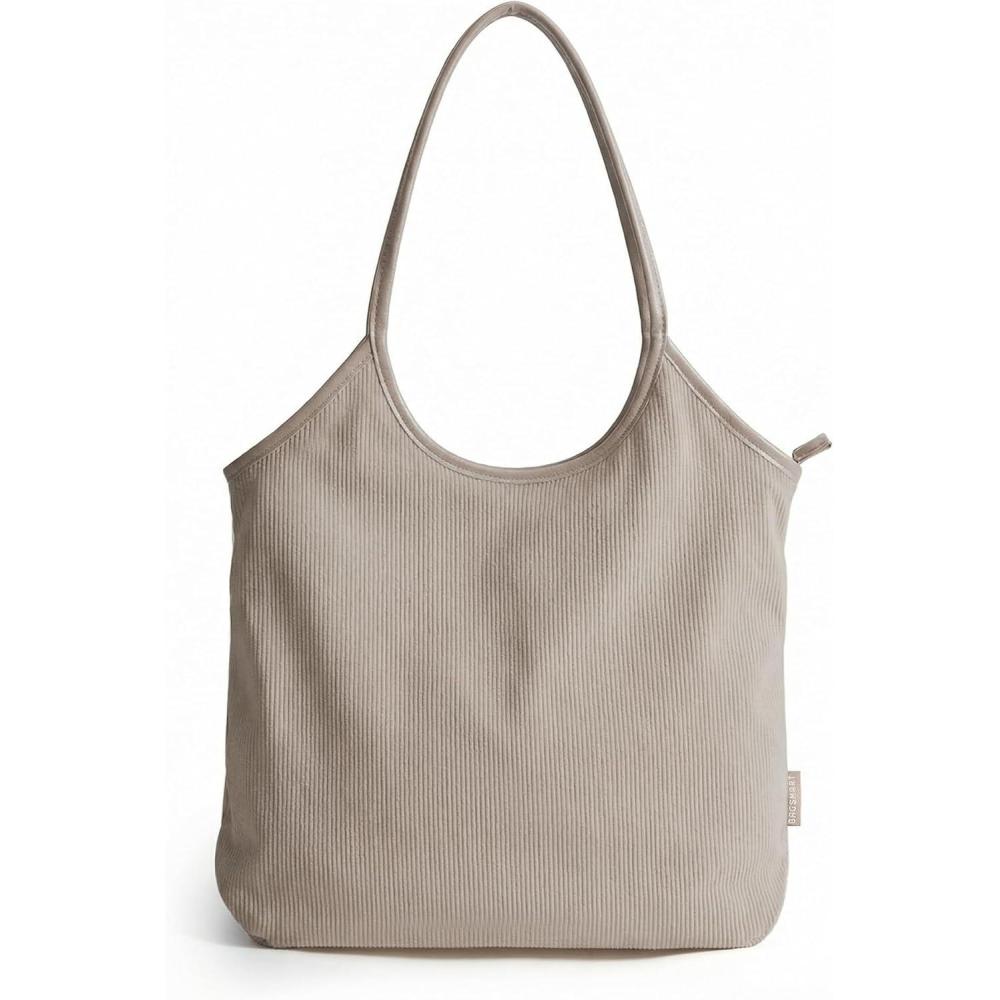 imageBAGSMRT Corduroy Tote Bag for Women with PU Leather Handles Casual Shoulder Bag with Zipper Handbag for Travel WorkBrown