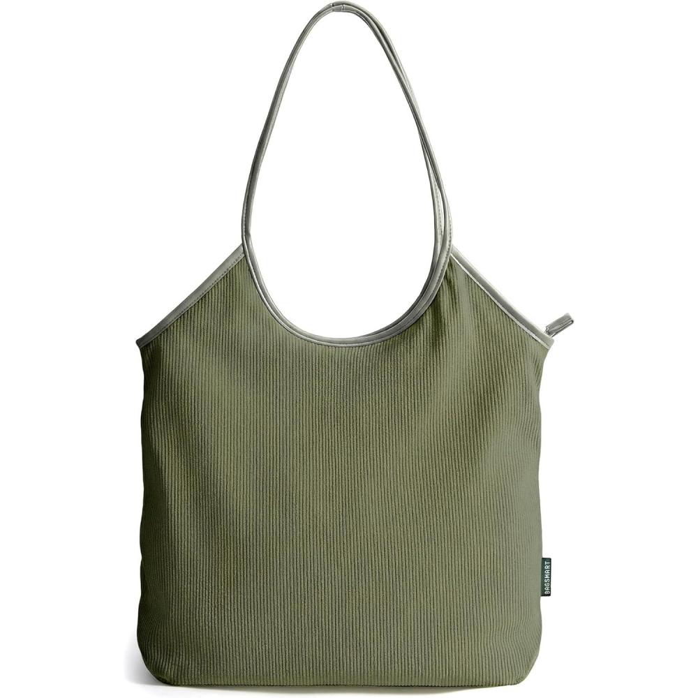 imageBAGSMRT Corduroy Tote Bag for Women with PU Leather Handles Casual Shoulder Bag with Zipper Handbag for Travel WorkOlive Green