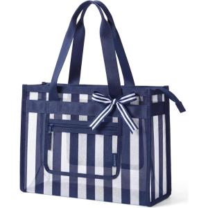 BAGSMART Mesh Beach Bag with Zipper Pocket, Large Beach Tote Bags for Women | for 40 oz Bottle, Removable Ribbon Bow, Sandproof & Washable, Cruise Essentials, for Swim, Pool, Gym, Vacation, Travel Bag(Navy Blue Stripes)