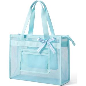 BAGSMART Mesh Beach Bag with Zipper Pocket, Large Beach Tote Bags for Women | for 40 oz Bottle, Removable Ribbon Bow, Sandproof & Washable, Cruise Essentials, for Swim, Pool, Gym, Vacation, Travel Bag(Baby Blue)