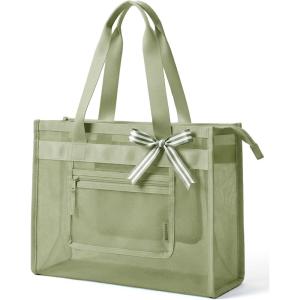 BAGSMART Mesh Beach Bag with Zipper Pocket, Large Beach Tote Bags for Women | for 40 oz Bottle, Removable Ribbon Bow, Sandproof & Washable, Cruise Essentials, for Swim, Pool, Gym, Vacation, Travel Bag(Forest Green)
