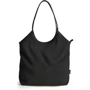 BAGSMRT Corduroy Tote Bag for Women with PU Leather Handles, Casual Shoulder Bag with Zipper Handbag for Travel Work(Black)