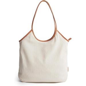 BAGSMRT Corduroy Tote Bag for Women with PU Leather Handles, Casual Shoulder Bag with Zipper Handbag for Travel Work(Light Beige)