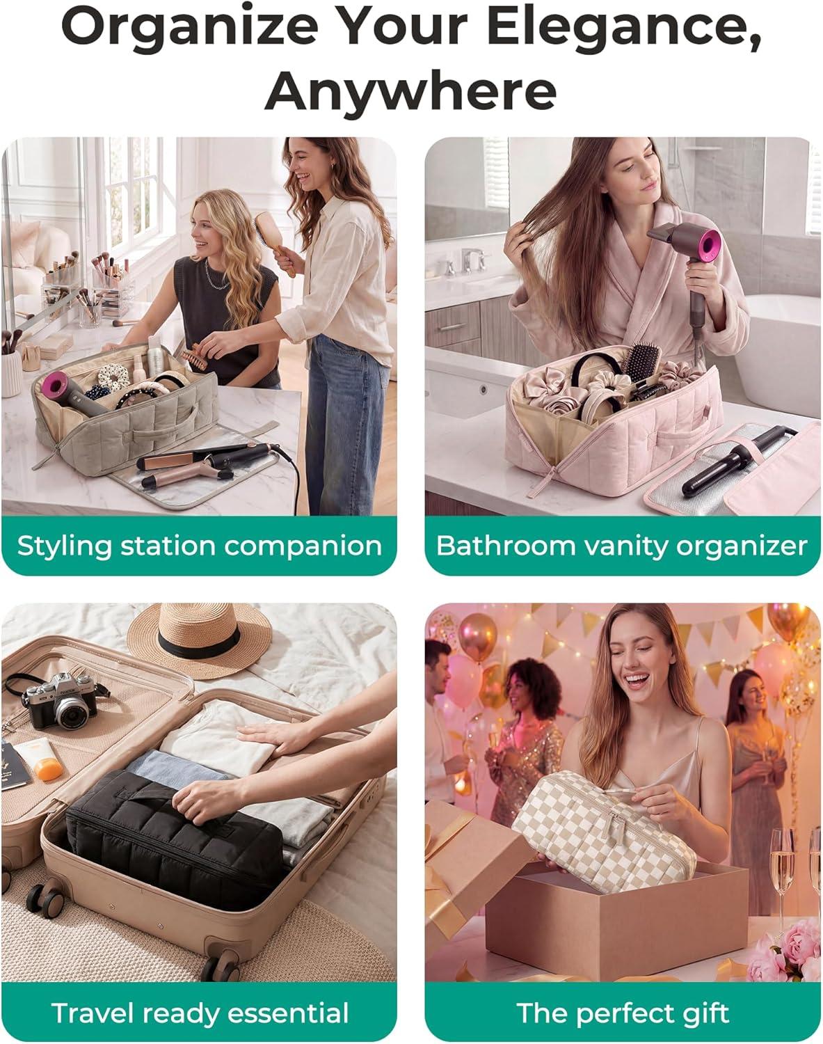 imageBAGSMART Hair Tool Organizer Travel Bag Compatible with Dyson Airwrap Shark Hair Dryer Wideopen Accessories Organizer with Heat Resistant Mat Makeup Bag for Dyson Attachments Curling Iron BrownLeopard Print