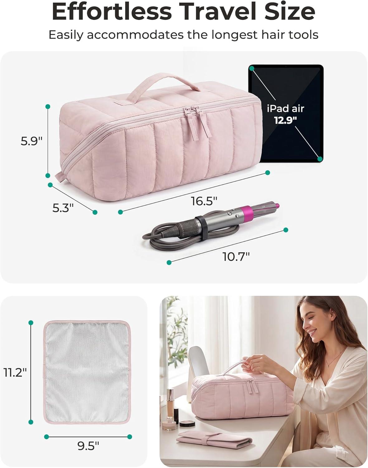 imageBAGSMART Hair Tool Organizer Travel Bag Compatible with Dyson Airwrap Shark Hair Dryer Wideopen Accessories Organizer with Heat Resistant Mat Makeup Bag for Dyson Attachments Curling Iron BrownLeopard Print