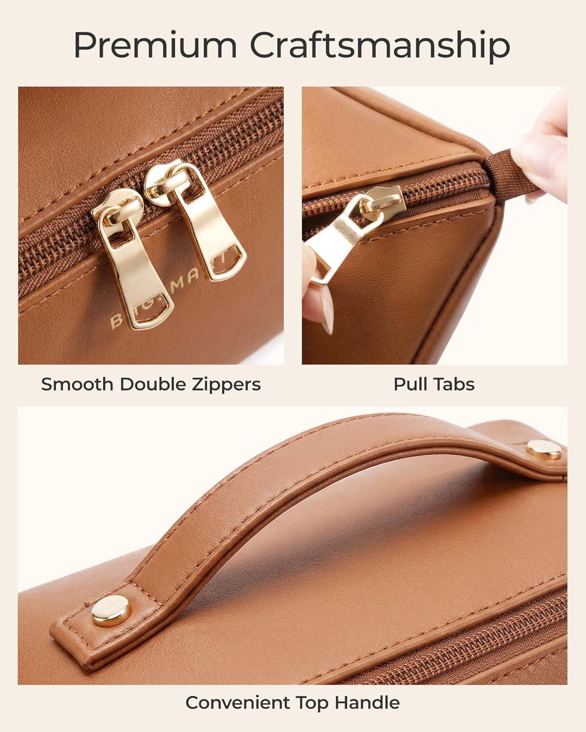 imageBAGSMART Makeup Bag Travel Cosmetic Bag Large Make Up Bag Flat Open Toiletry Bag for Women Waterproof PU Leather Travel Essentials Organizer Case Wideopen Pouch Purse for Skincare Brushes Camel12 Sky Blue