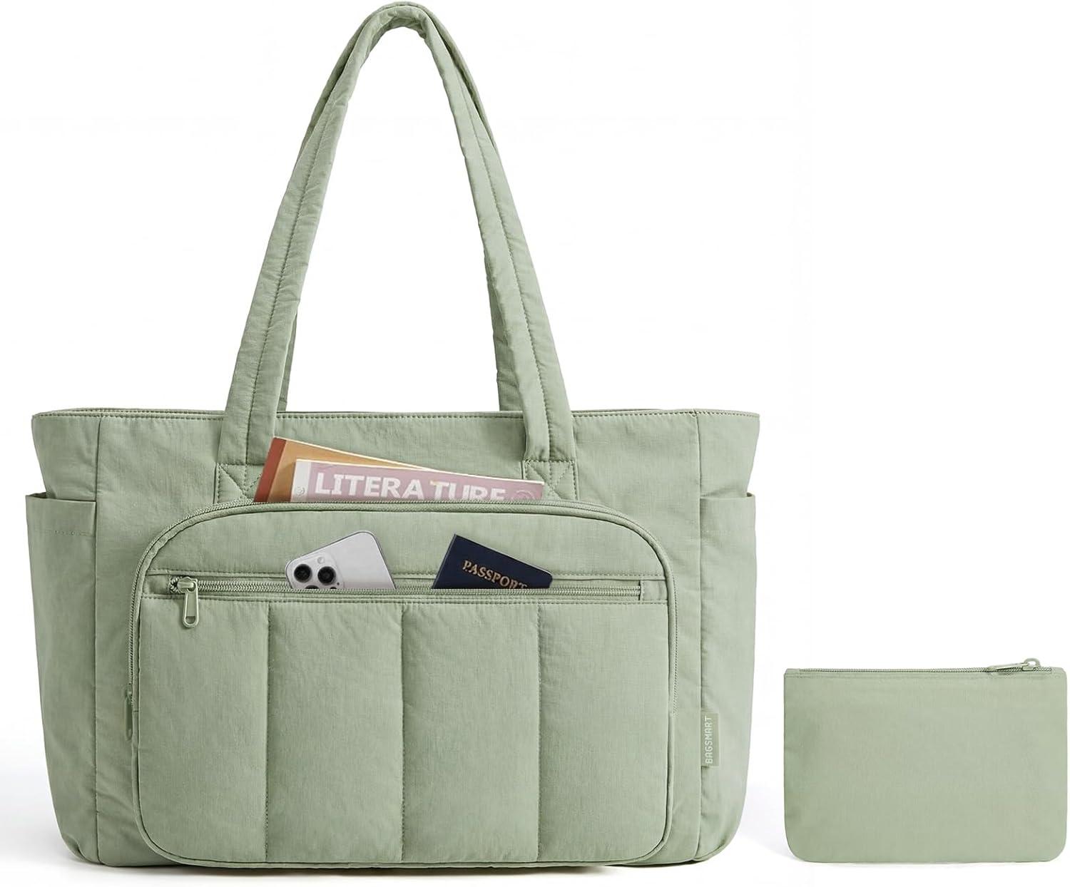 imageBAGSMART Tote Bag for Women 2 Set Puffer Tote Bag with Zipper Quilted Nurse Handbags for Work Travel College 20L Capacity 156 Laptop Bag with Cosmetic Bag Carry on Bag Nurse Gym BagGreen