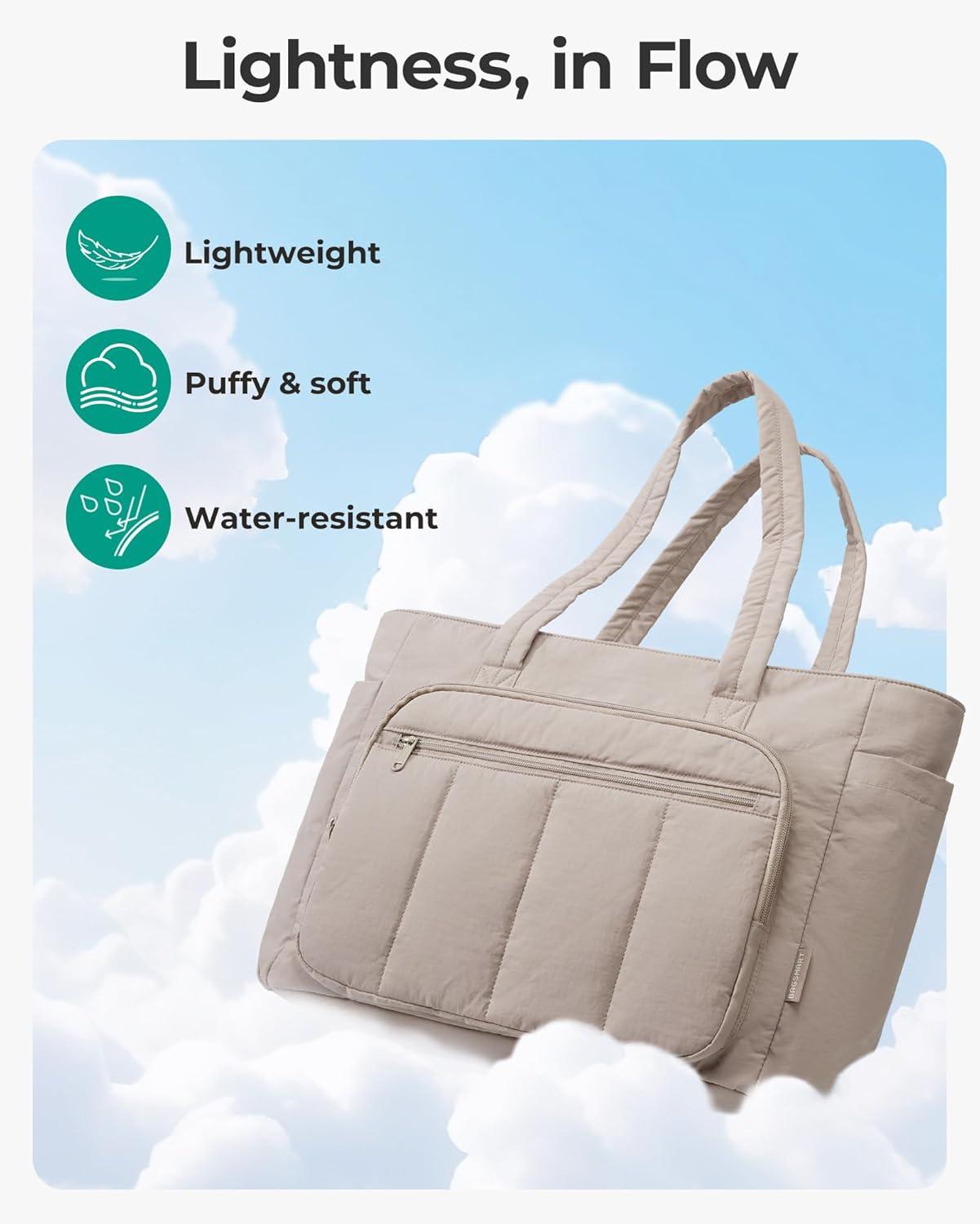 imageBAGSMART Tote Bag for Women 2 Set Puffer Tote Bag with Zipper Quilted Nurse Handbags for Work Travel College 20L Capacity 156 Laptop Bag with Cosmetic Bag Carry on Bag Nurse Gym BagCamel