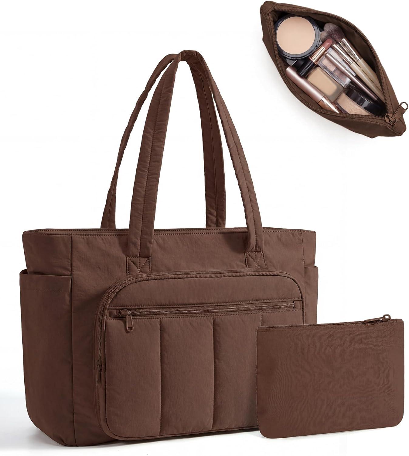 imageBAGSMART Tote Bag for Women 2 Set Puffer Tote Bag with Zipper Quilted Nurse Handbags for Work Travel College 20L Capacity 156 Laptop Bag with Cosmetic Bag Carry on Bag Nurse Gym BagChocolate