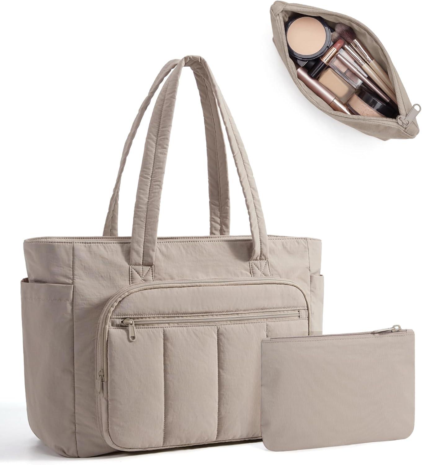 imageBAGSMART Tote Bag for Women 2 Set Puffer Tote Bag with Zipper Quilted Nurse Handbags for Work Travel College 20L Capacity 156 Laptop Bag with Cosmetic Bag Carry on Bag Nurse Gym BagCamel
