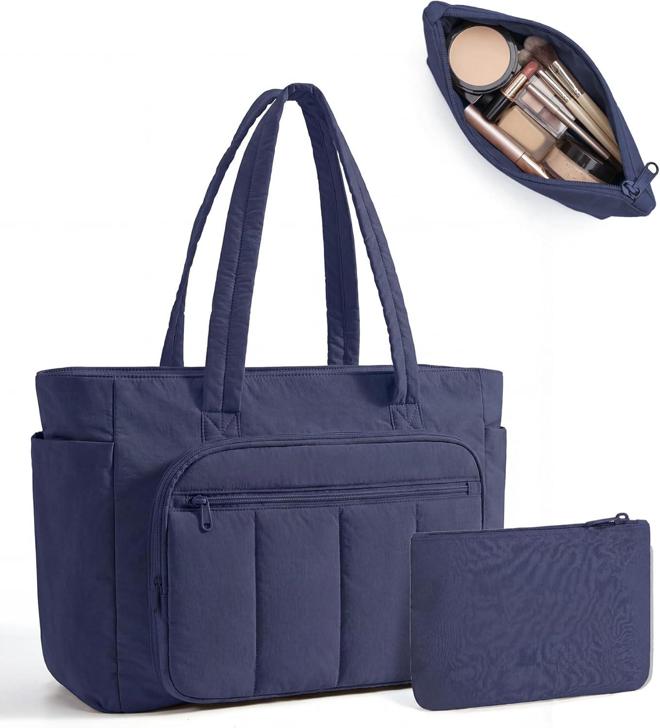 imageBAGSMART Tote Bag for Women 2 Set Puffer Tote Bag with Zipper Quilted Nurse Handbags for Work Travel College 20L Capacity 156 Laptop Bag with Cosmetic Bag Carry on Bag Nurse Gym BagNavy