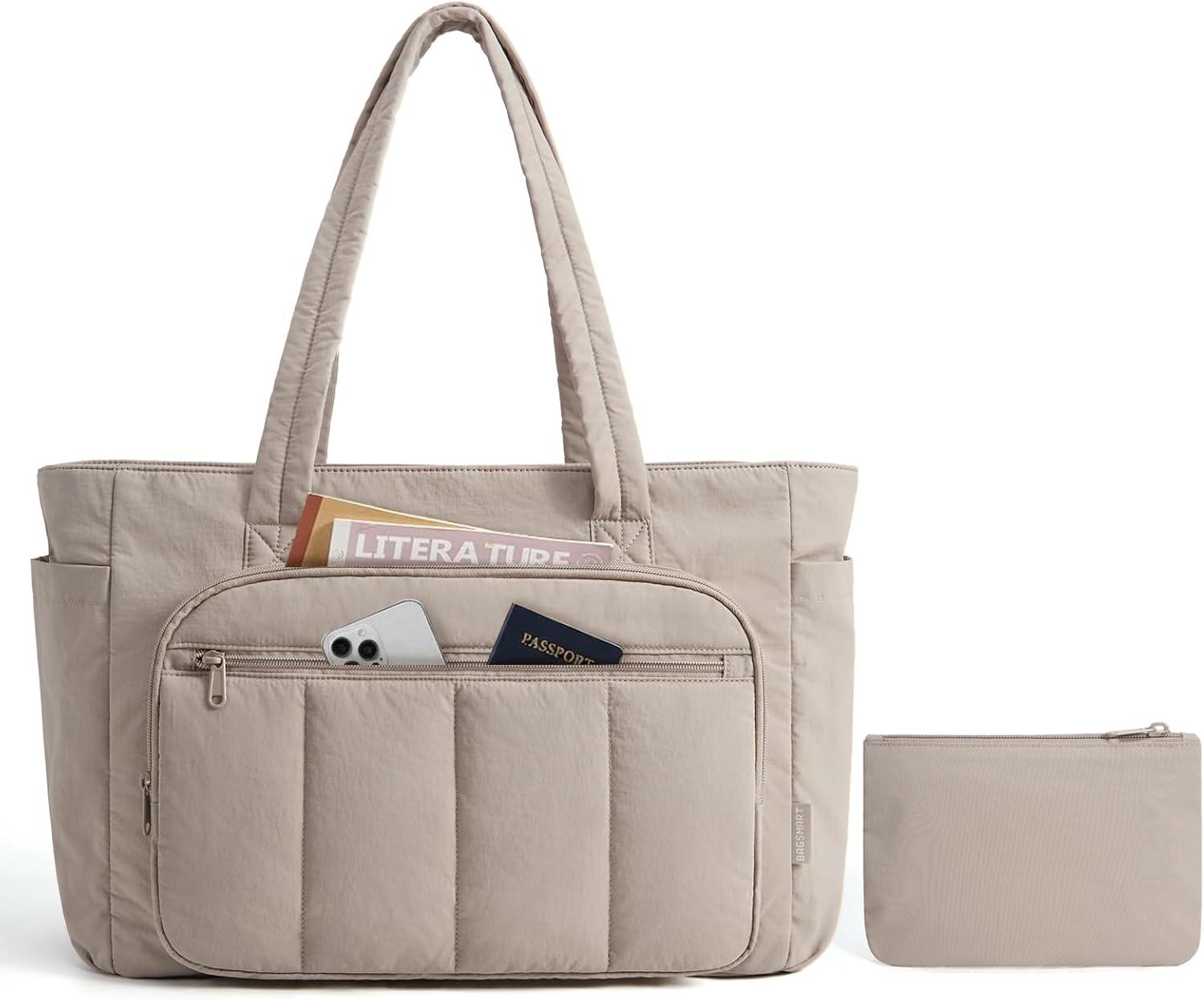 imageBAGSMART Tote Bag for Women 2 Set Puffer Tote Bag with Zipper Quilted Nurse Handbags for Work Travel College 20L Capacity 156 Laptop Bag with Cosmetic Bag Carry on Bag Nurse Gym BagCamel