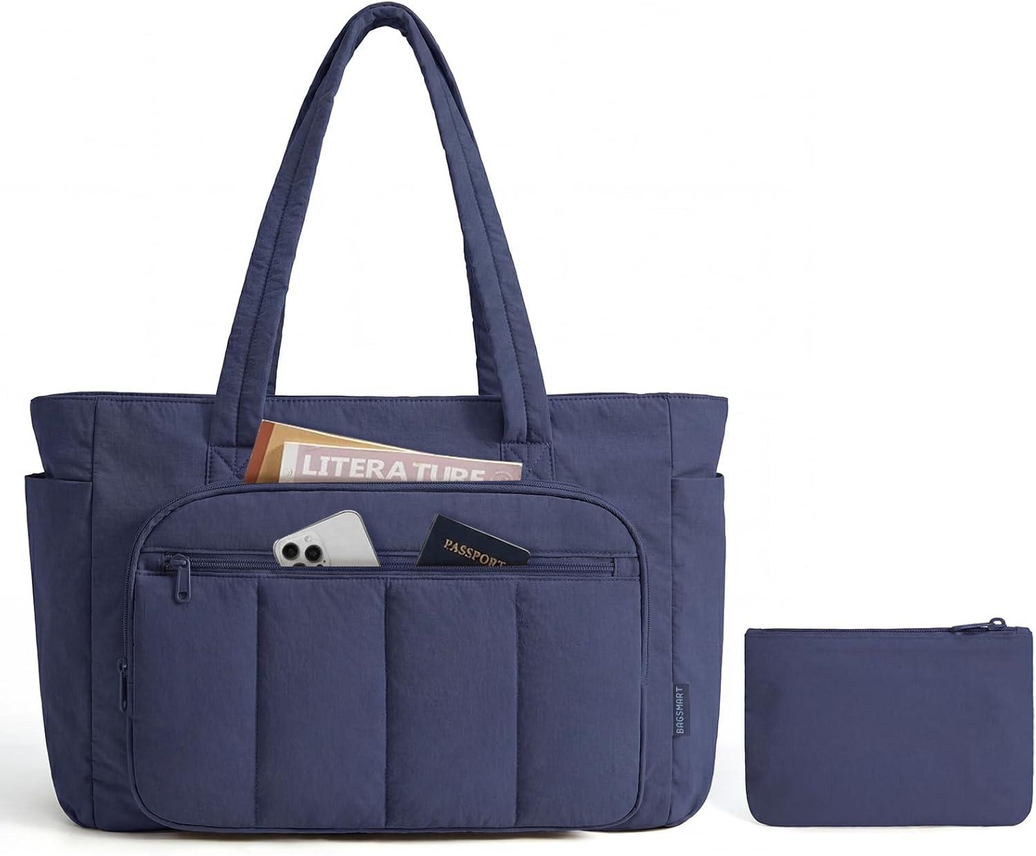 imageBAGSMART Tote Bag for Women 2 Set Puffer Tote Bag with Zipper Quilted Nurse Handbags for Work Travel College 20L Capacity 156 Laptop Bag with Cosmetic Bag Carry on Bag Nurse Gym BagNavy
