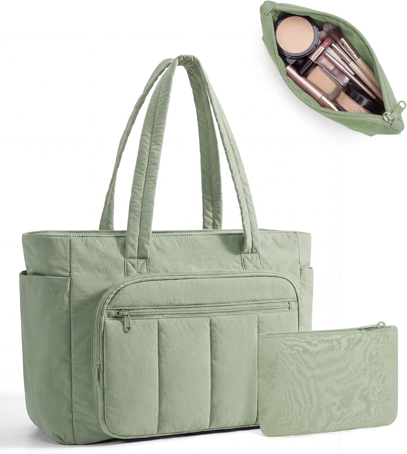 imageBAGSMART Tote Bag for Women 2 Set Puffer Tote Bag with Zipper Quilted Nurse Handbags for Work Travel College 20L Capacity 156 Laptop Bag with Cosmetic Bag Carry on Bag Nurse Gym BagGreen
