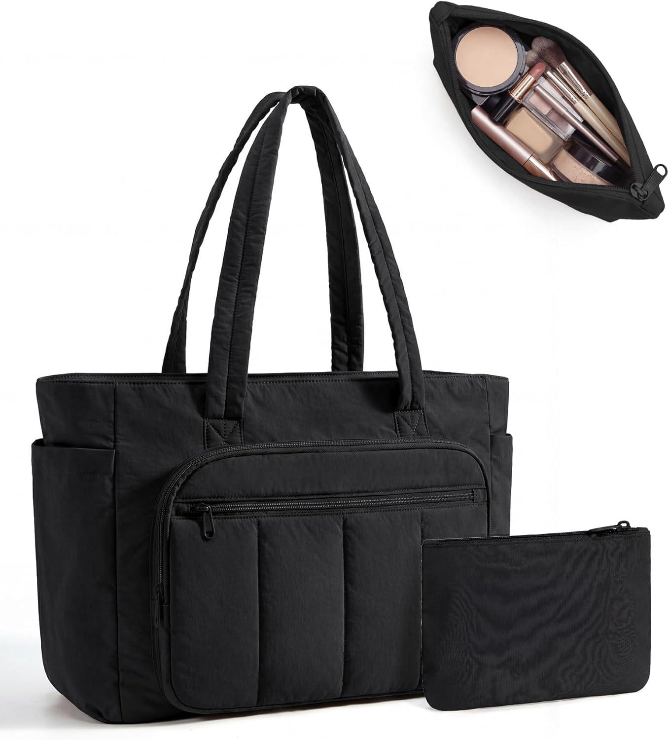 imageBAGSMART Tote Bag for Women 2 Set Puffer Tote Bag with Zipper Quilted Nurse Handbags for Work Travel College 20L Capacity 156 Laptop Bag with Cosmetic Bag Carry on Bag Nurse Gym BagBlack