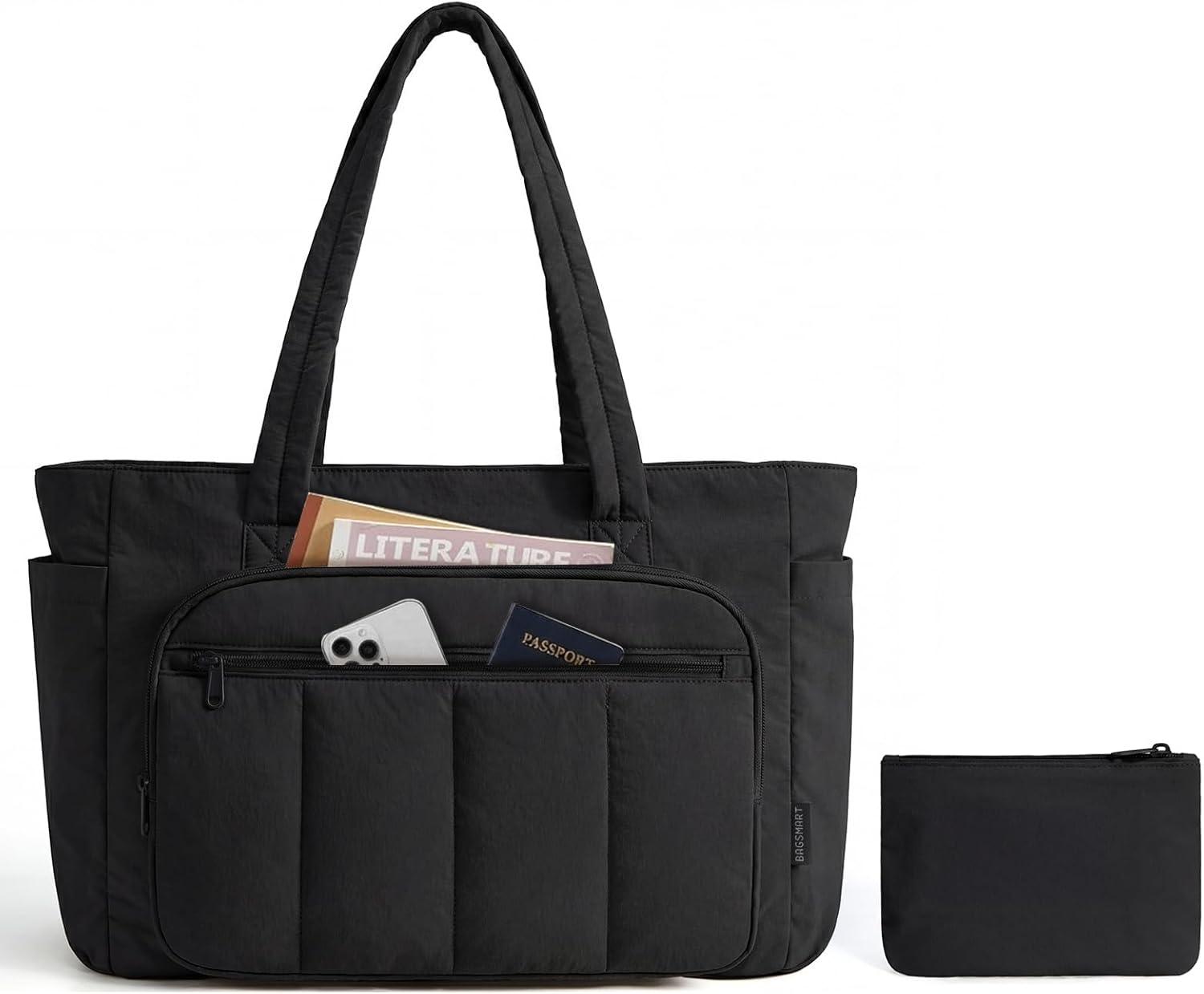 imageBAGSMART Tote Bag for Women 2 Set Puffer Tote Bag with Zipper Quilted Nurse Handbags for Work Travel College 20L Capacity 156 Laptop Bag with Cosmetic Bag Carry on Bag Nurse Gym BagBlack