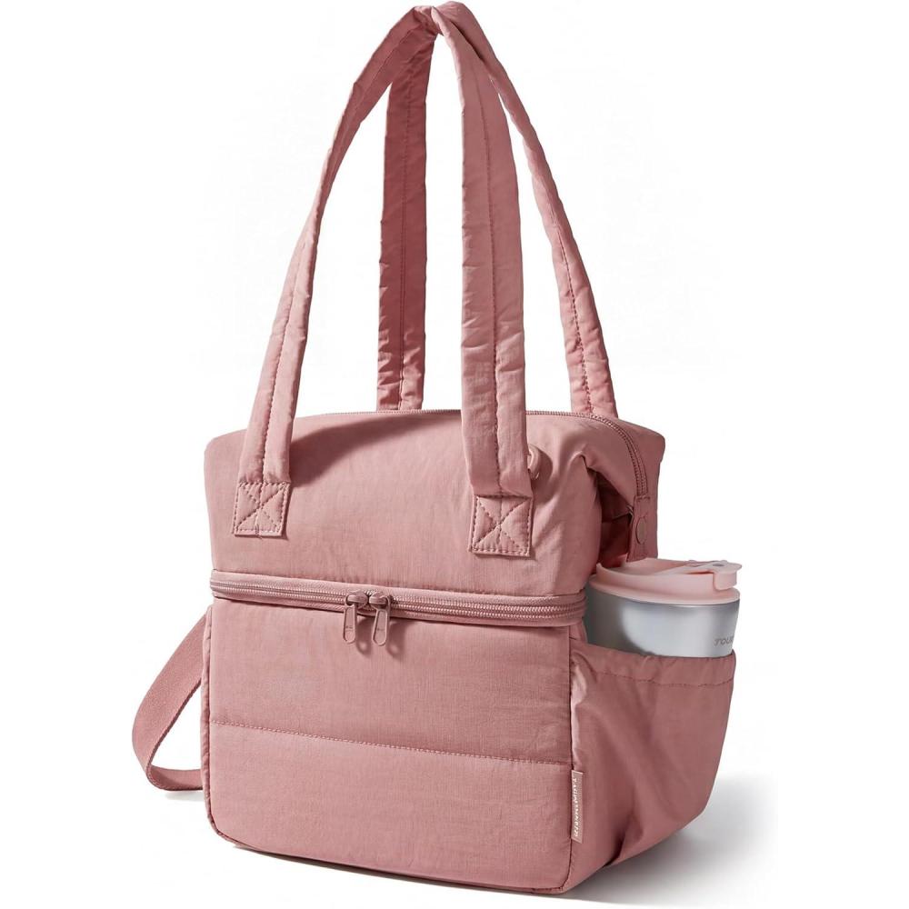 imageBAGSMART Double Deck Lunch Bag Women Insulated Reusable Lunch Box Quilted Puffer Lunch Tote with Shoulder Strap Durable Large Lunch Cooler For Work Picnic Travel Meal Prep Flight CamelNude Pink