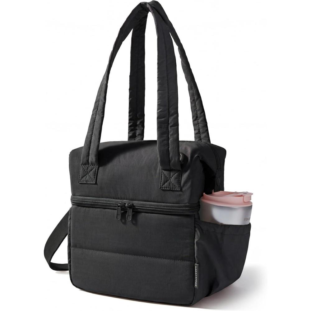 imageBAGSMART Double Deck Lunch Bag Women Insulated Reusable Lunch Box Quilted Puffer Lunch Tote with Shoulder Strap Durable Large Lunch Cooler For Work Picnic Travel Meal Prep Flight CamelBlack