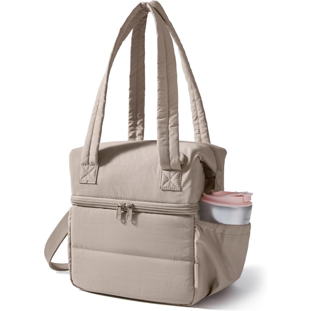 imageBAGSMART Double Deck Lunch Bag Women Insulated Reusable Lunch Box Quilted Puffer Lunch Tote with Shoulder Strap Durable Large Lunch Cooler For Work Picnic Travel Meal Prep Flight CamelCamel