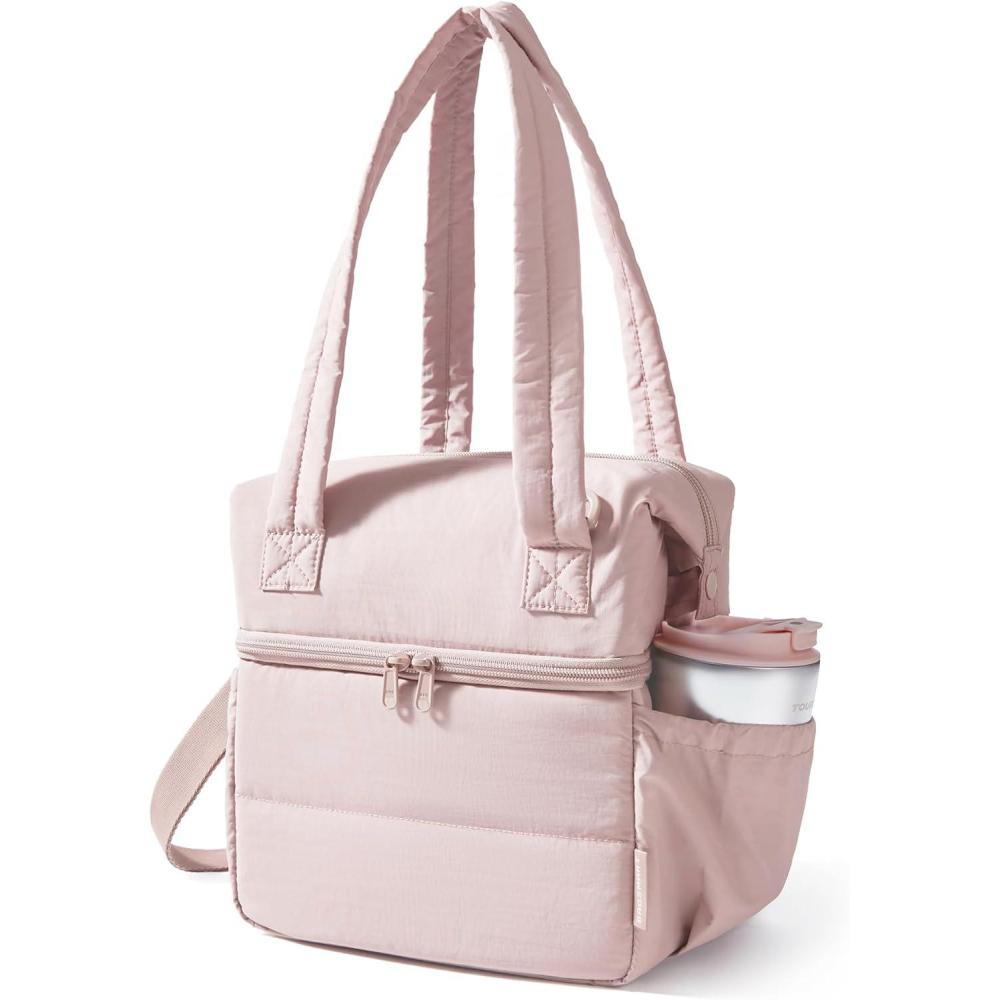 imageBAGSMART Double Deck Lunch Bag Women Insulated Reusable Lunch Box Quilted Puffer Lunch Tote with Shoulder Strap Durable Large Lunch Cooler For Work Picnic Travel Meal Prep Flight CamelPink