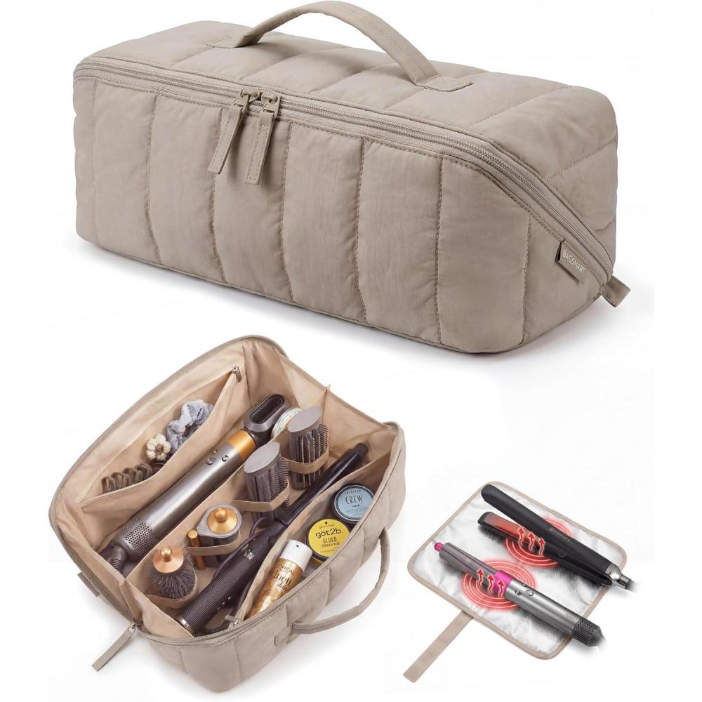 imageBAGSMART Hair Tool Organizer Travel Bag Compatible with Dyson Airwrap Shark Hair Dryer Wideopen Accessories Organizer with Heat Resistant Mat Makeup Bag for Dyson Attachments Curling Iron BrownBrown