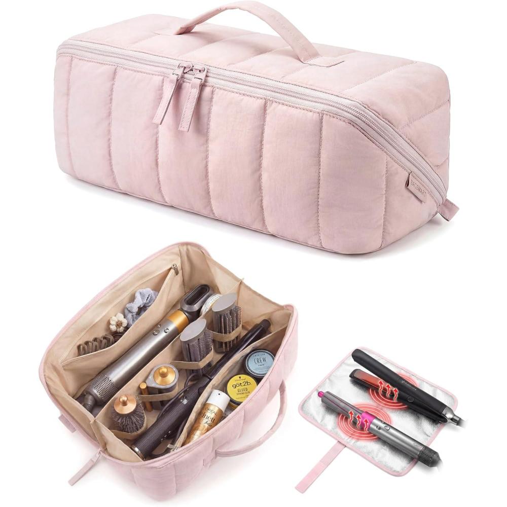 imageBAGSMART Hair Tool Organizer Travel Bag Compatible with Dyson Airwrap Shark Hair Dryer Wideopen Accessories Organizer with Heat Resistant Mat Makeup Bag for Dyson Attachments Curling Iron BrownBaby Pink