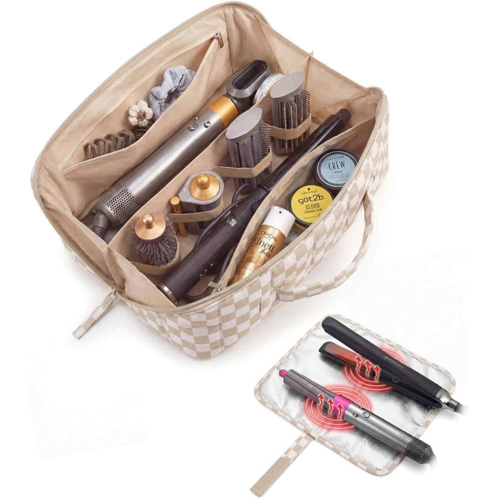 imageBAGSMART Hair Tool Organizer Travel Bag Compatible with Dyson Airwrap Shark Hair Dryer Wideopen Accessories Organizer with Heat Resistant Mat Makeup Bag for Dyson Attachments Curling Iron BrownKhaki Brown Checkered Print