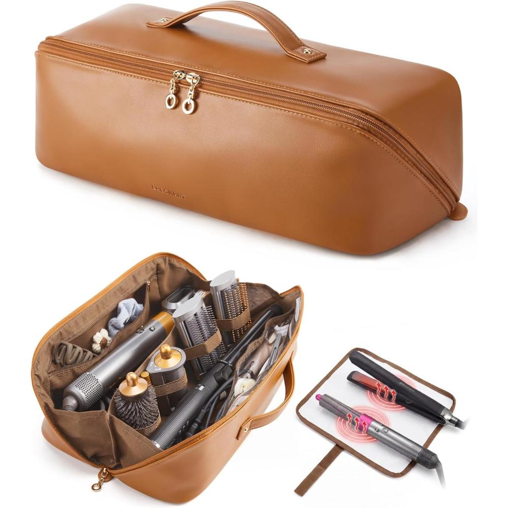 imageBAGSMART Hair Tool Organizer Travel Bag Compatible with Dyson Airwrap Shark Hair Dryer Wideopen Accessories Organizer with Heat Resistant Mat Makeup Bag for Dyson Attachments Curling Iron BrownBrownLeather