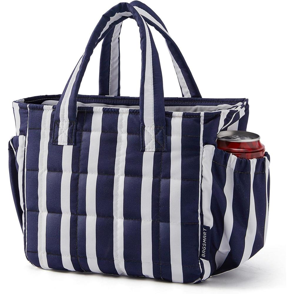 imageBAGSMART Lunch Bag for Women Small Cute Quilted Lunch Box Insulated Lightweight Leakproof Durable amp Reusable Tote Bag for Work Travel Outdoor BrownBlue Striped