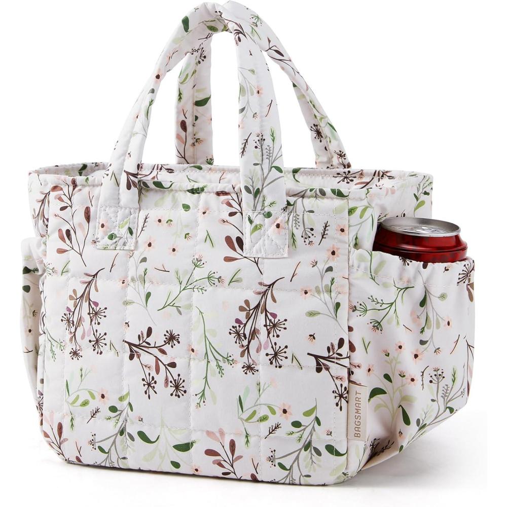 imageBAGSMART Lunch Bag for Women Small Cute Quilted Lunch Box Insulated Lightweight Leakproof Durable amp Reusable Tote Bag for Work Travel Outdoor BrownFloral Print
