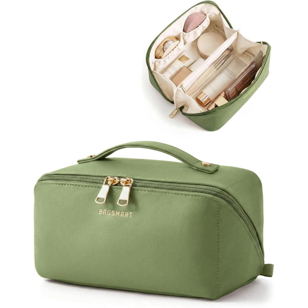 imageBAGSMART Makeup Bag Travel Cosmetic Bag Large Make Up Bag Flat Open Toiletry Bag for Women Waterproof PU Leather Travel Essentials Organizer Case Wideopen Pouch Purse for Skincare Brushes Camel17 Dark Green