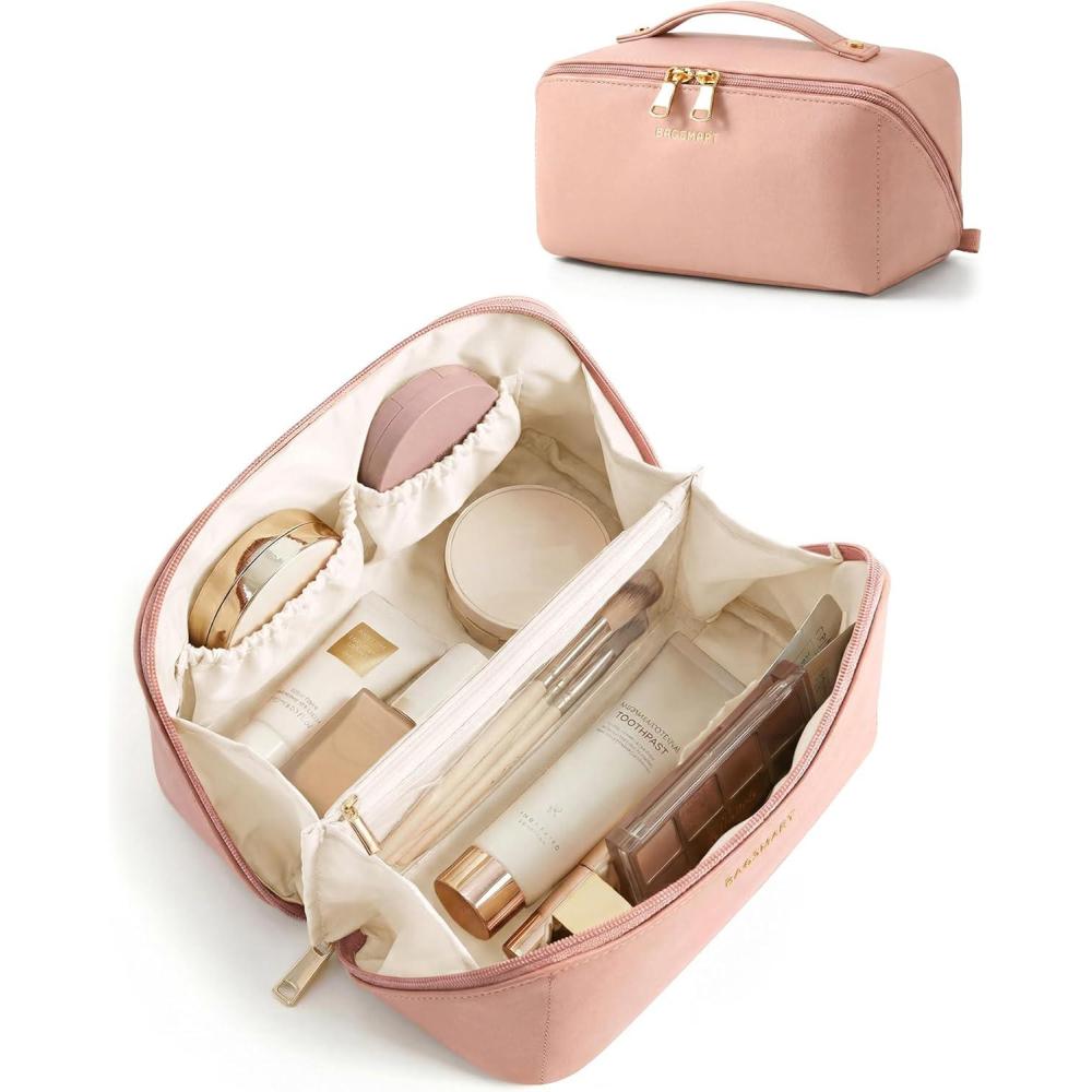imageBAGSMART Makeup Bag Travel Cosmetic Bag Large Make Up Bag Flat Open Toiletry Bag for Women Waterproof PU Leather Travel Essentials Organizer Case Wideopen Pouch Purse for Skincare Brushes Camel04 Nude Pink
