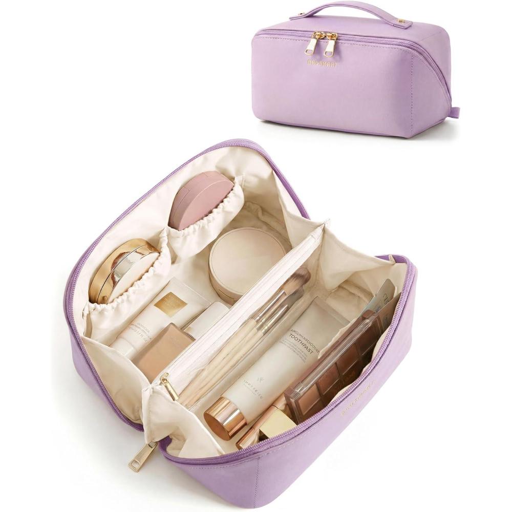 imageBAGSMART Makeup Bag Travel Cosmetic Bag Large Make Up Bag Flat Open Toiletry Bag for Women Waterproof PU Leather Travel Essentials Organizer Case Wideopen Pouch Purse for Skincare Brushes Camel16 Lilac